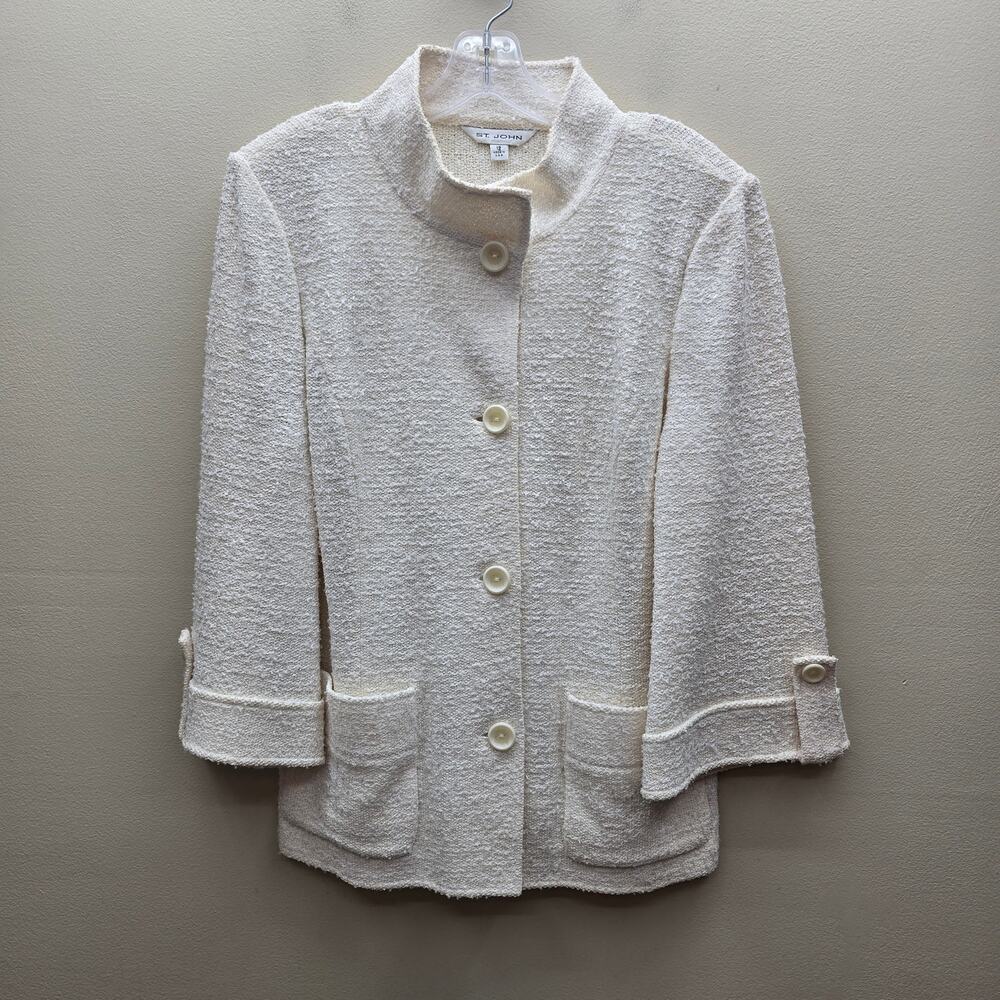 St. John Tweed Knit Cardigan Jacket Size 12 Old Money Preppy Classic Core Cream
